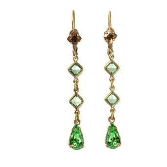 A pair of gold drop earrings featuring light green diamond-cut stones and green teardrop-shaped drops, shown against a plain white background.
