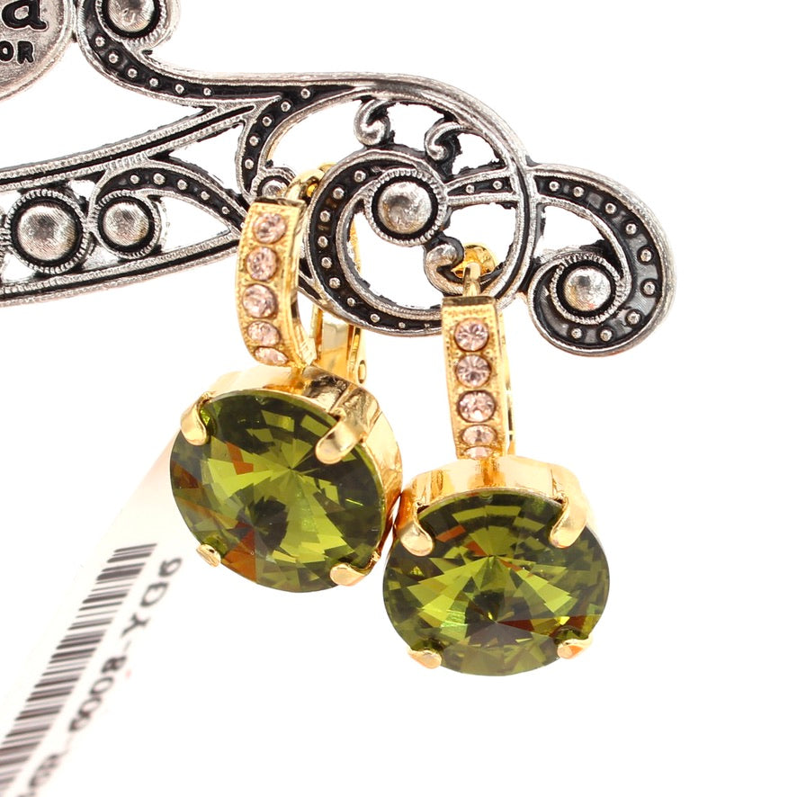 Olivine Large Embellished Single Stone Earrings in Gold
