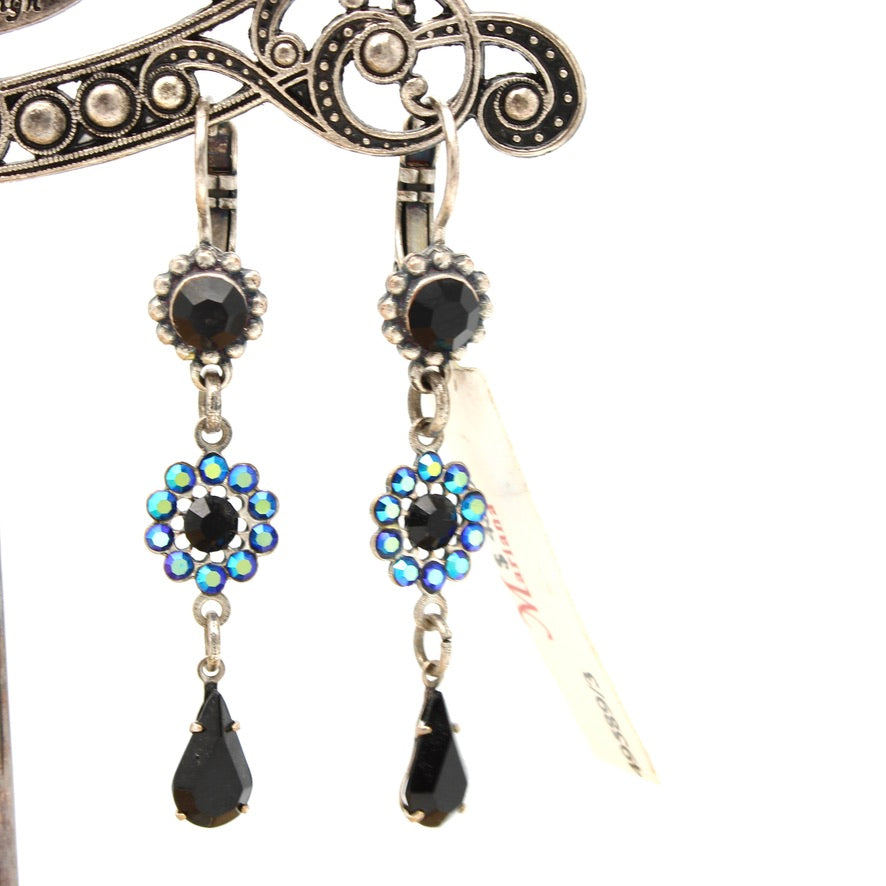 Jet Flower Dangle Leverback Earrings in Silver