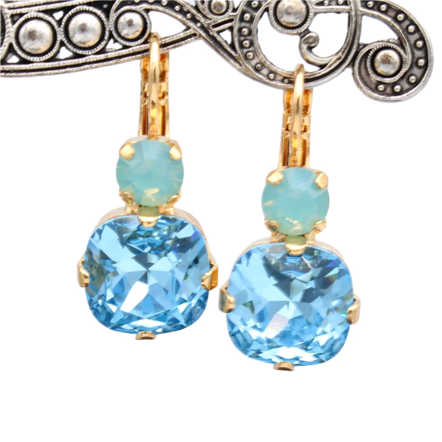 Light Sapphire and Chrysolite Opal 12MM Cushion Cut and Round Earrings in Rose Gold