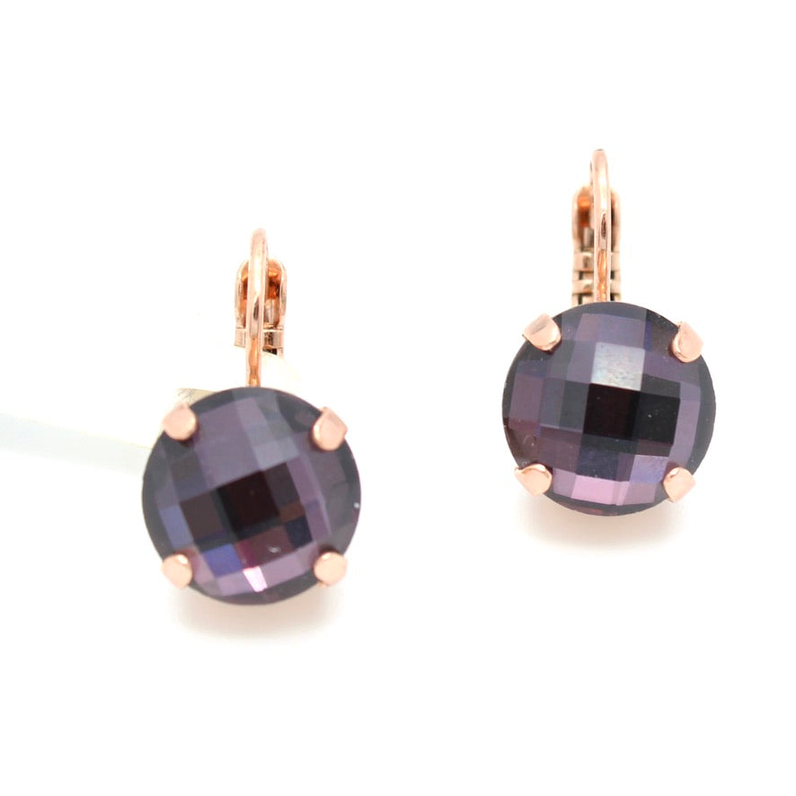 Amethyst Checkerboard 11MM Round Crystal Earrings in Rose Gold