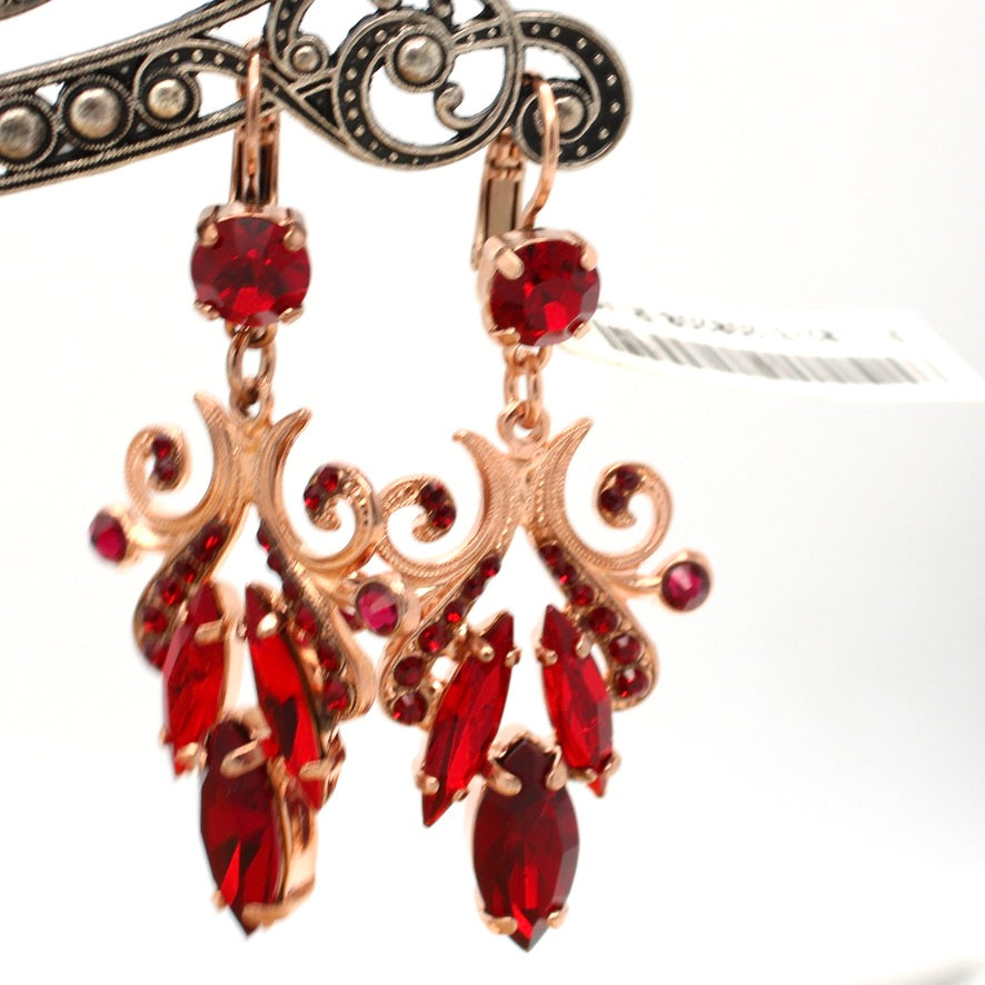 Red Crystal Chandelier Earrings in Rose Gold
