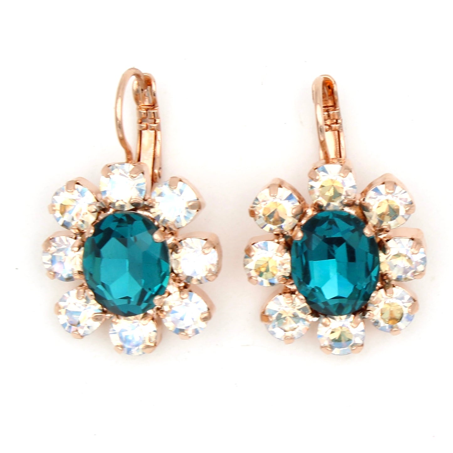 Halo Oval Blue Zircon Leverback Earrings in Rose Gold - MaryTyke's