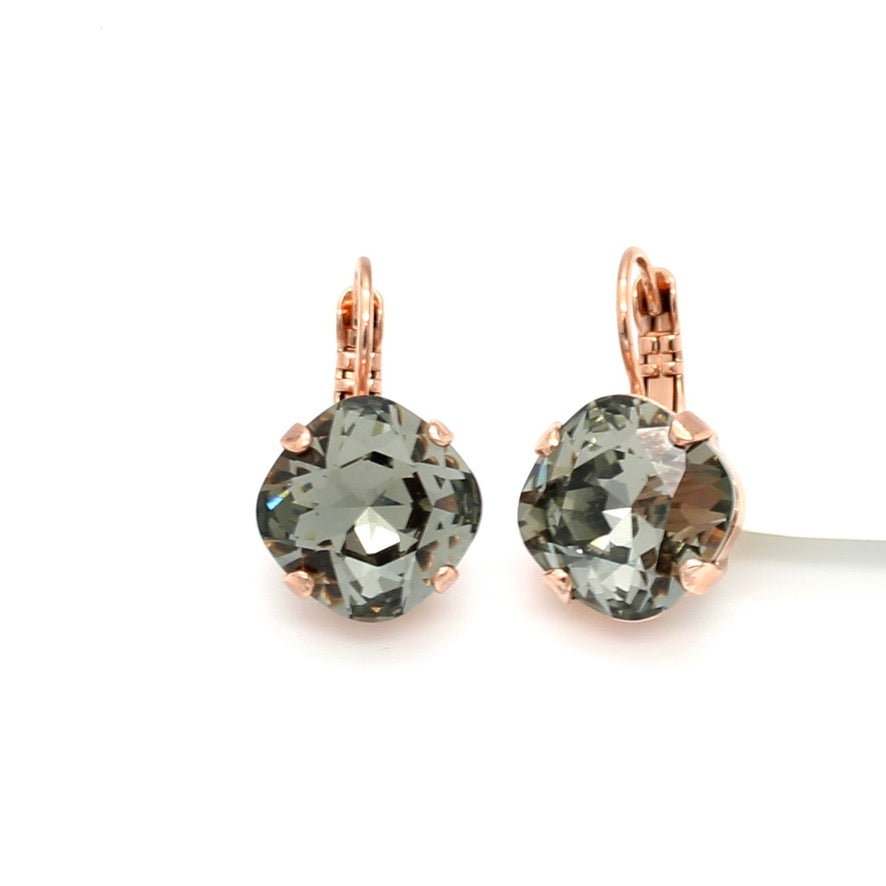 Black Diamond 12MM Cushion Cut Leverback Earrings in Rose Gold