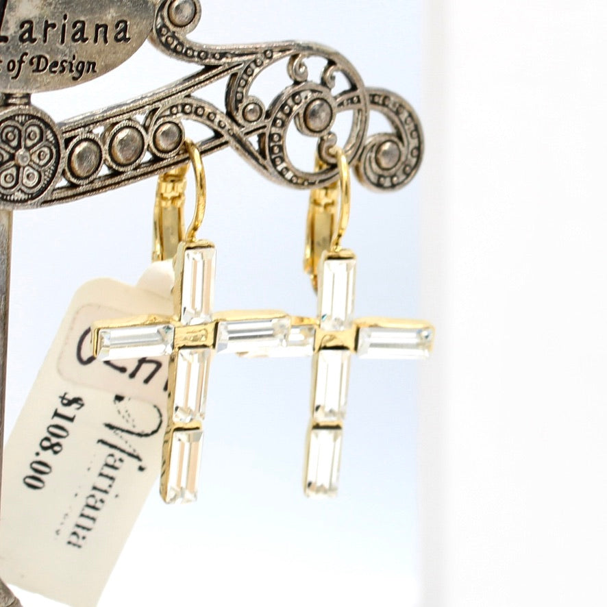 Clear Baguette Cross Earrings in Gold
