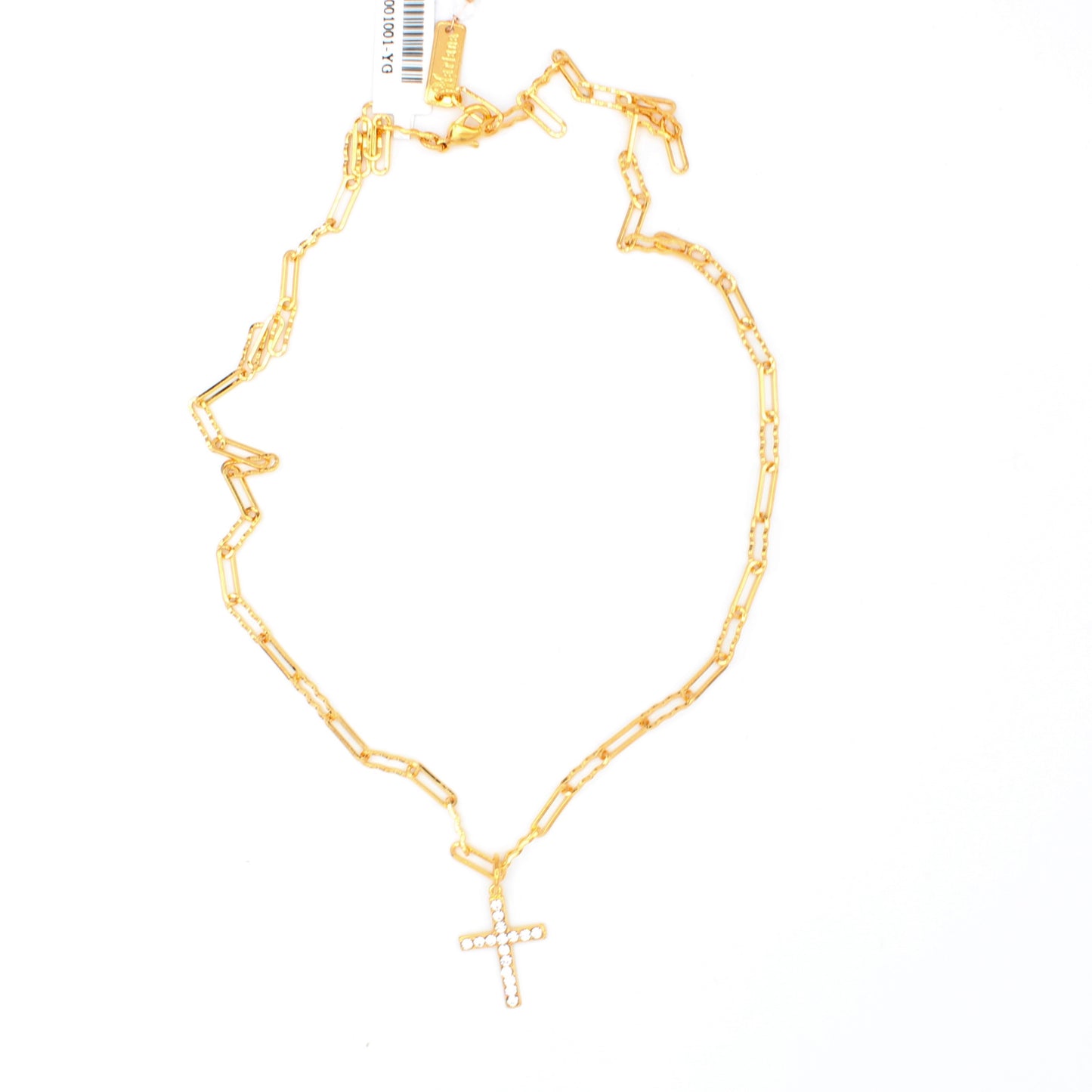 Clear Petite Cross Pendant in Yellow Gold with Paper Clip Chain