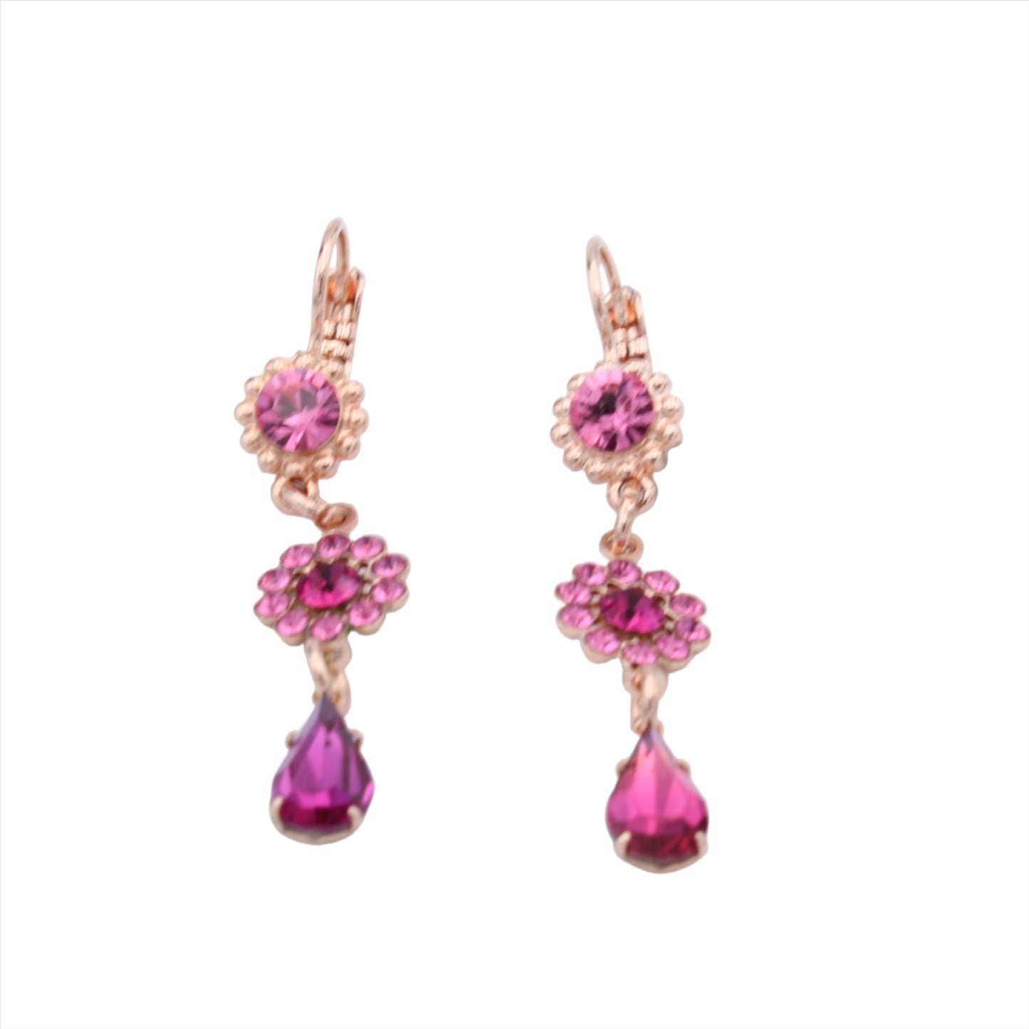 Rose and Fuchsia Flower Drop Earrings in Rose Gold