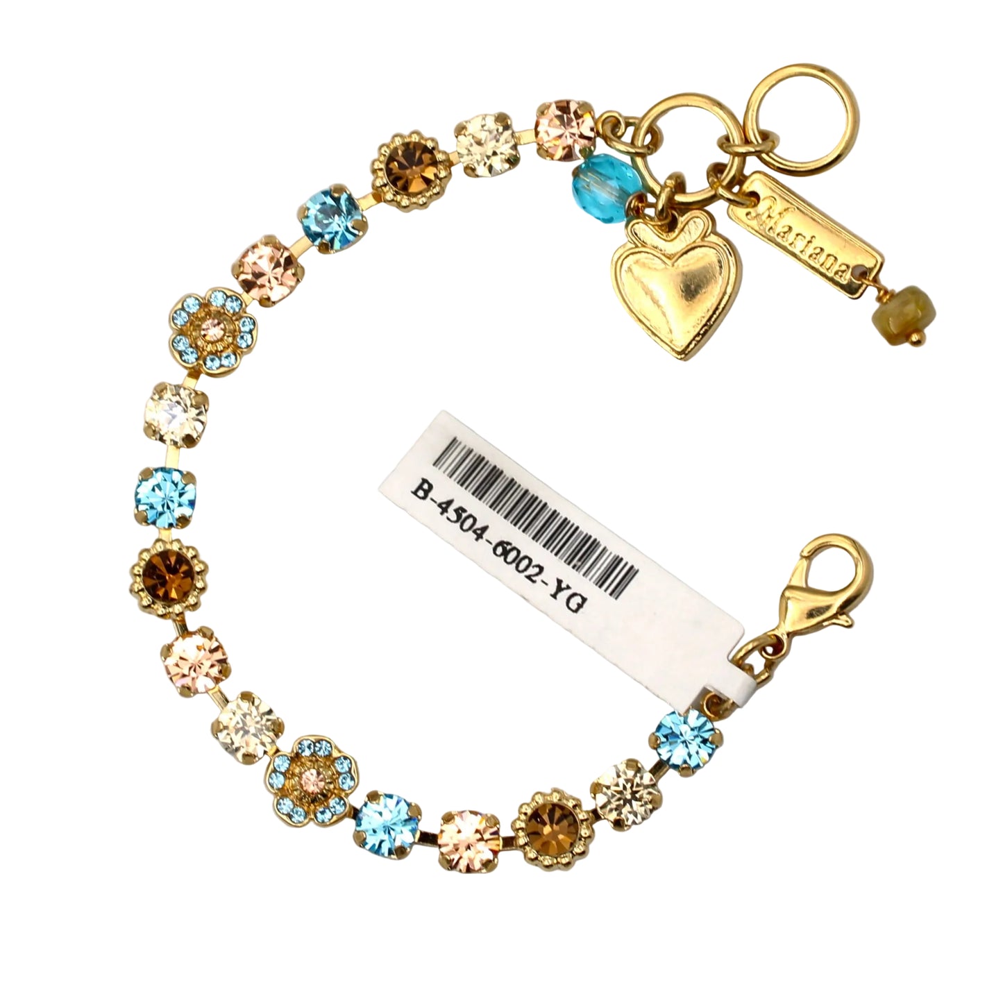 Gold bracelet with colorful stones and charms on a gray background