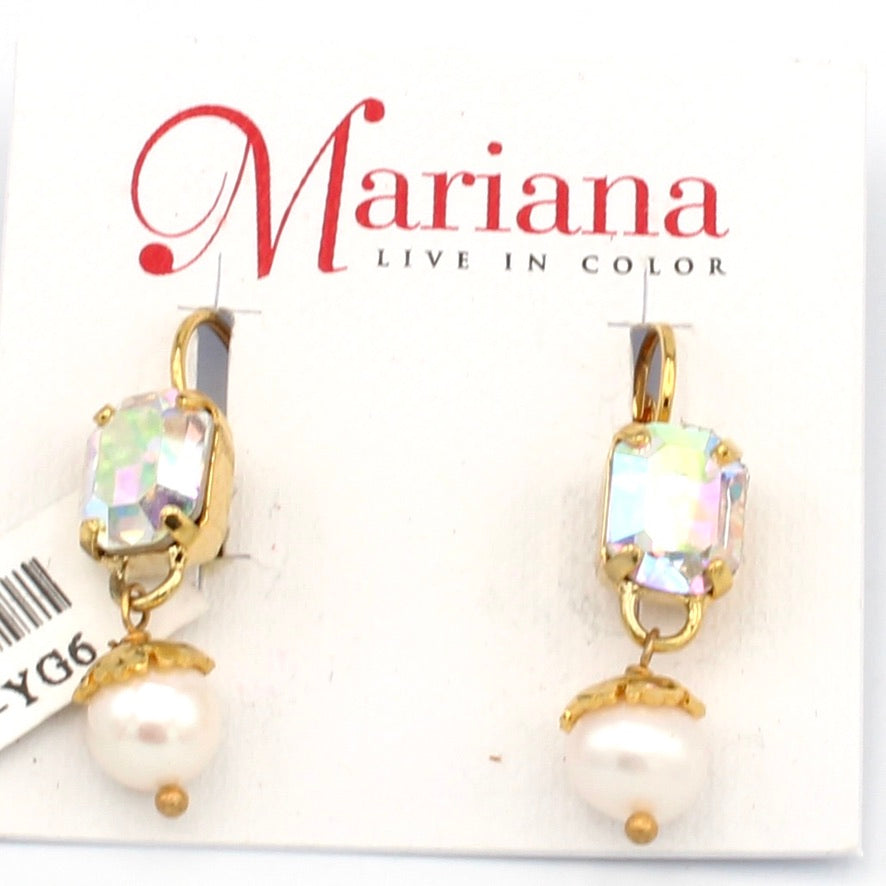 Crystal AB Emerald Cut Earrings with Pearl Drop in Gold