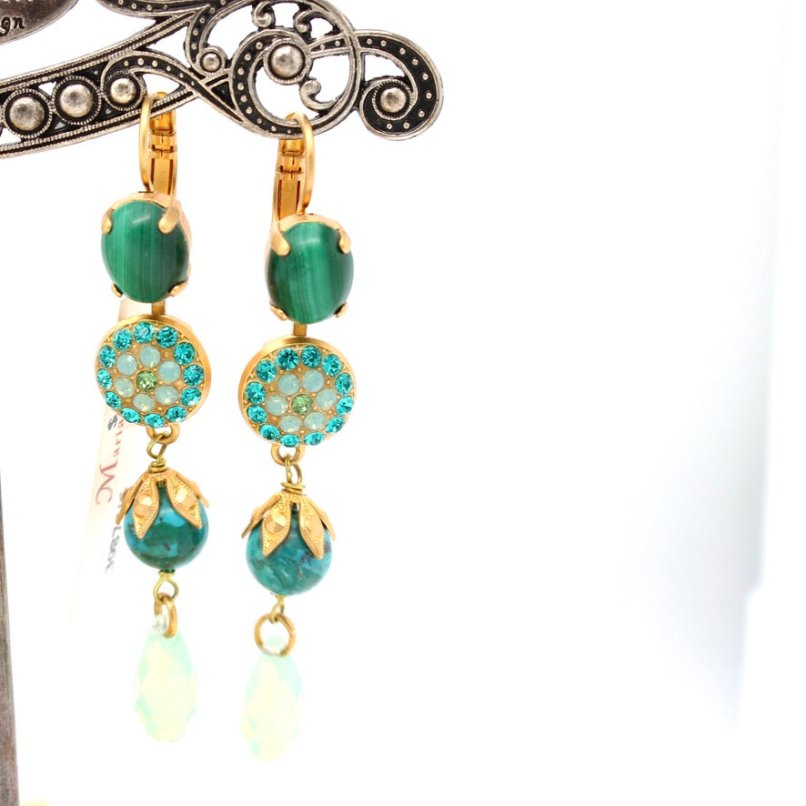 Green Tiger Eye Dangle Earrings in Yellow Gold