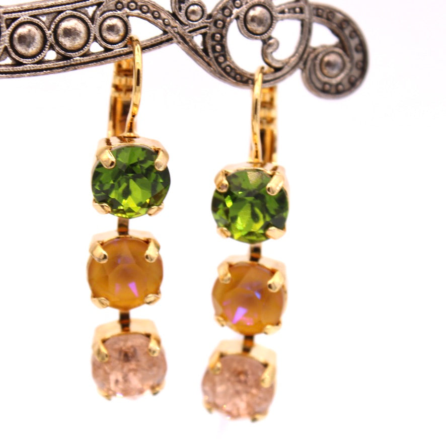 Olive Garnish Three Stone Earrings in Gold