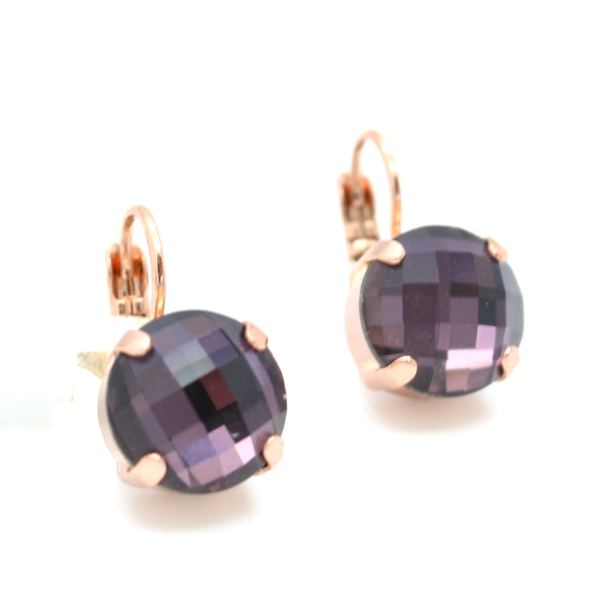 Amethyst Checkerboard 11MM Round Crystal Earrings in Rose Gold