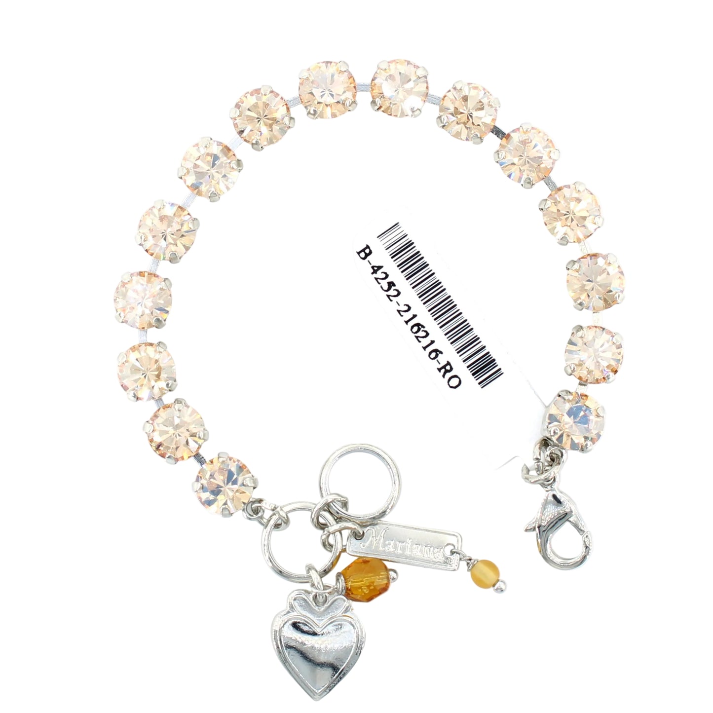 Bracelet with heart charm and Swarovski crystals on a white background