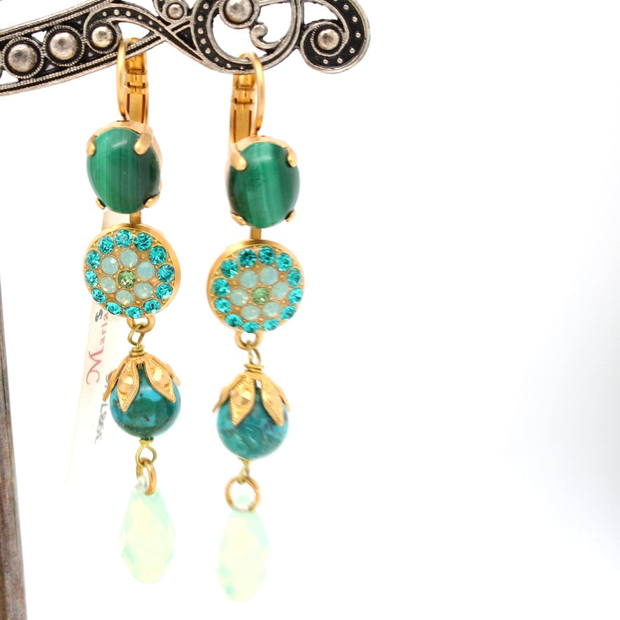 Green Tiger Eye Dangle Earrings in Yellow Gold