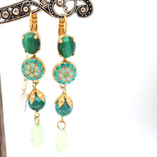Green Tiger Eye Dangle Earrings in Yellow Gold