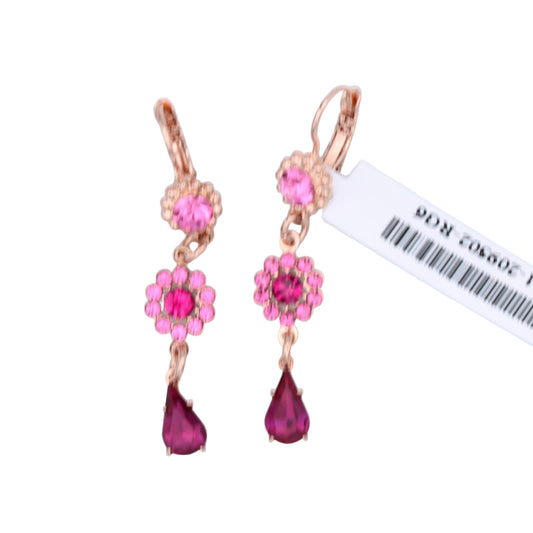 Rose and Fuchsia Flower Drop Earrings in Rose Gold