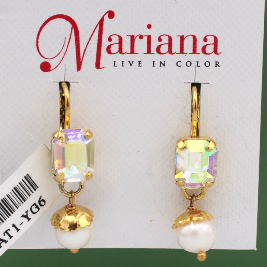 Crystal AB Emerald Cut Earrings with Pearl Drop in Gold