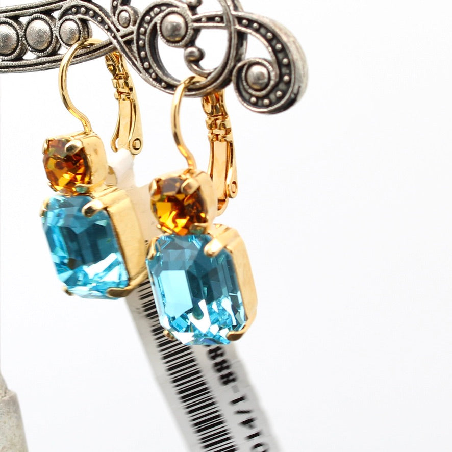 Kaleidoscope Large Emerald Cut Earrings w/accent Crystal in Gold
