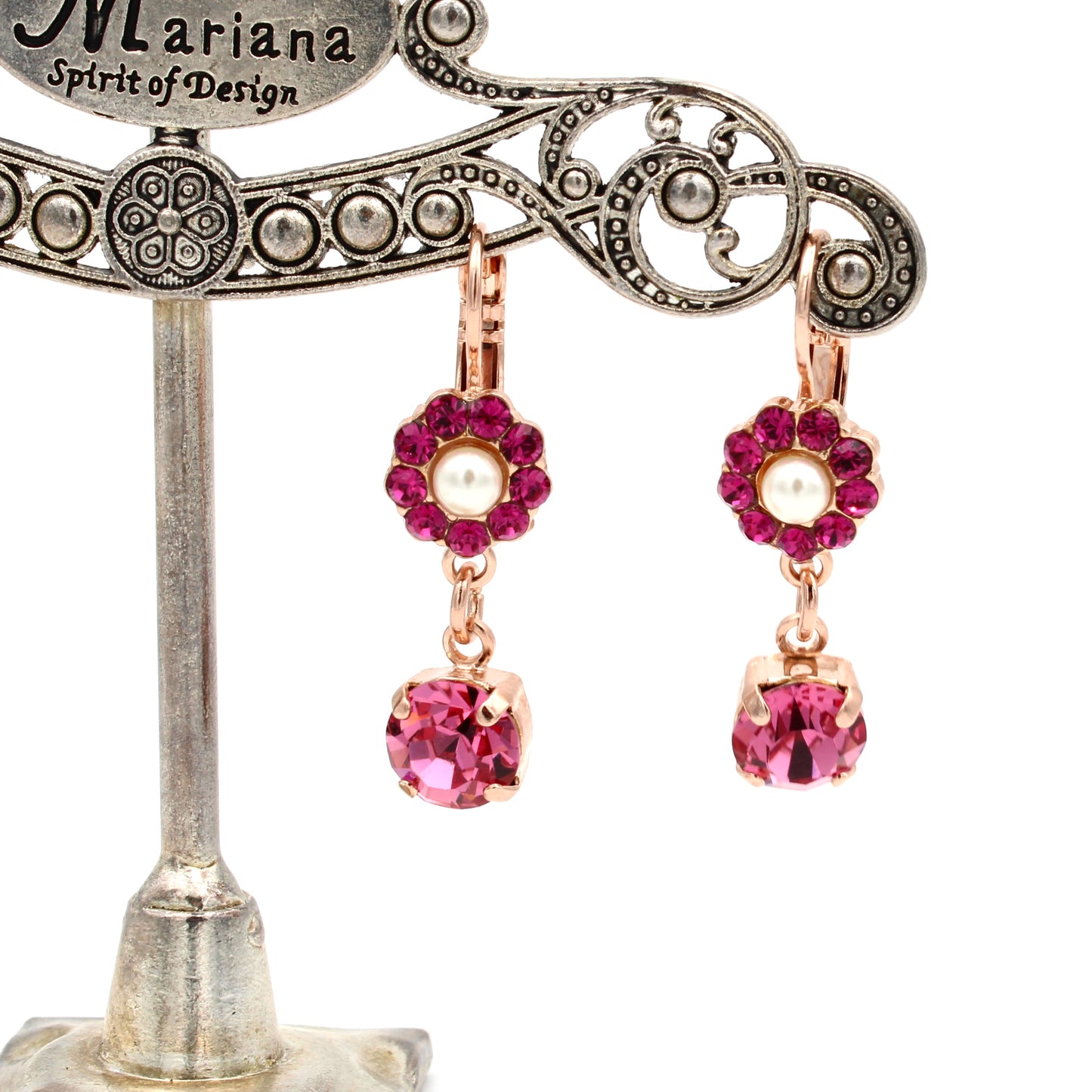 Roxanne Flower Leverback Earrings with Drop in Rose Gold - MaryTyke's