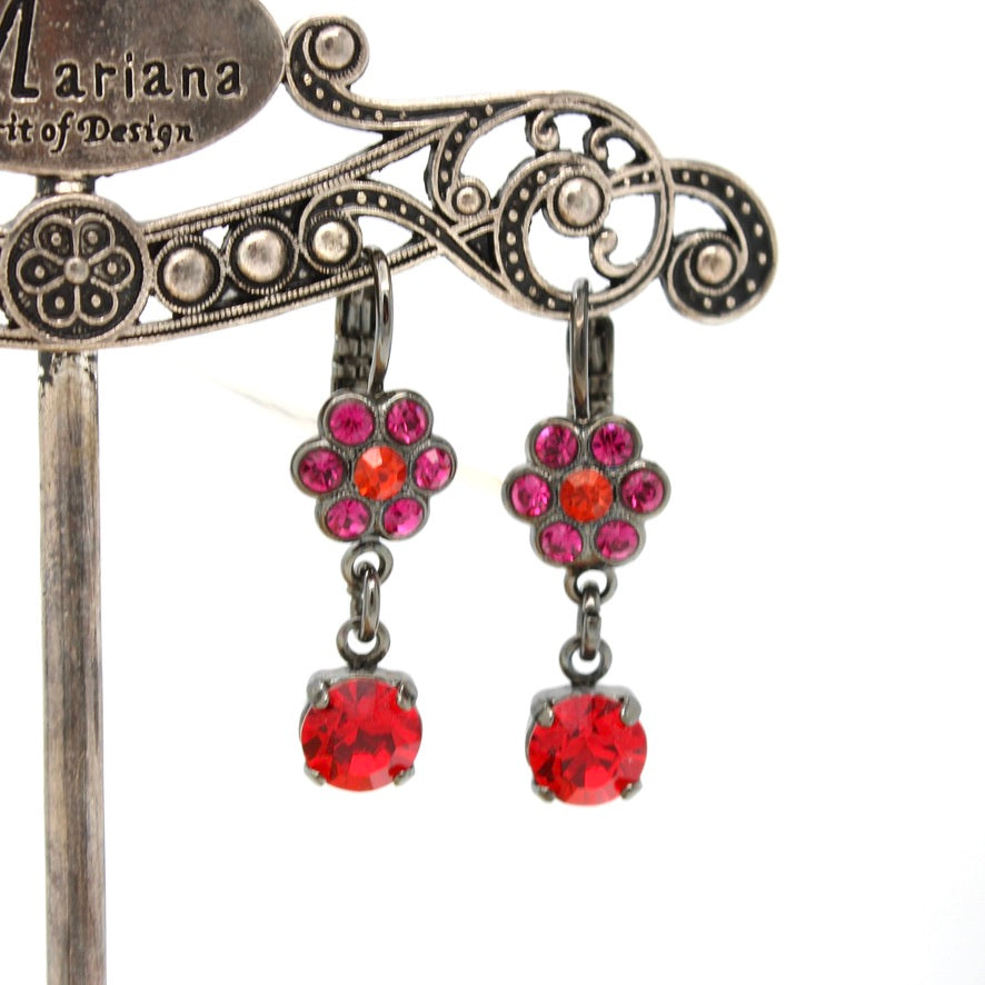 Hibiscus Collection Small Flower Earrings with Crystal Drop in Black Plating