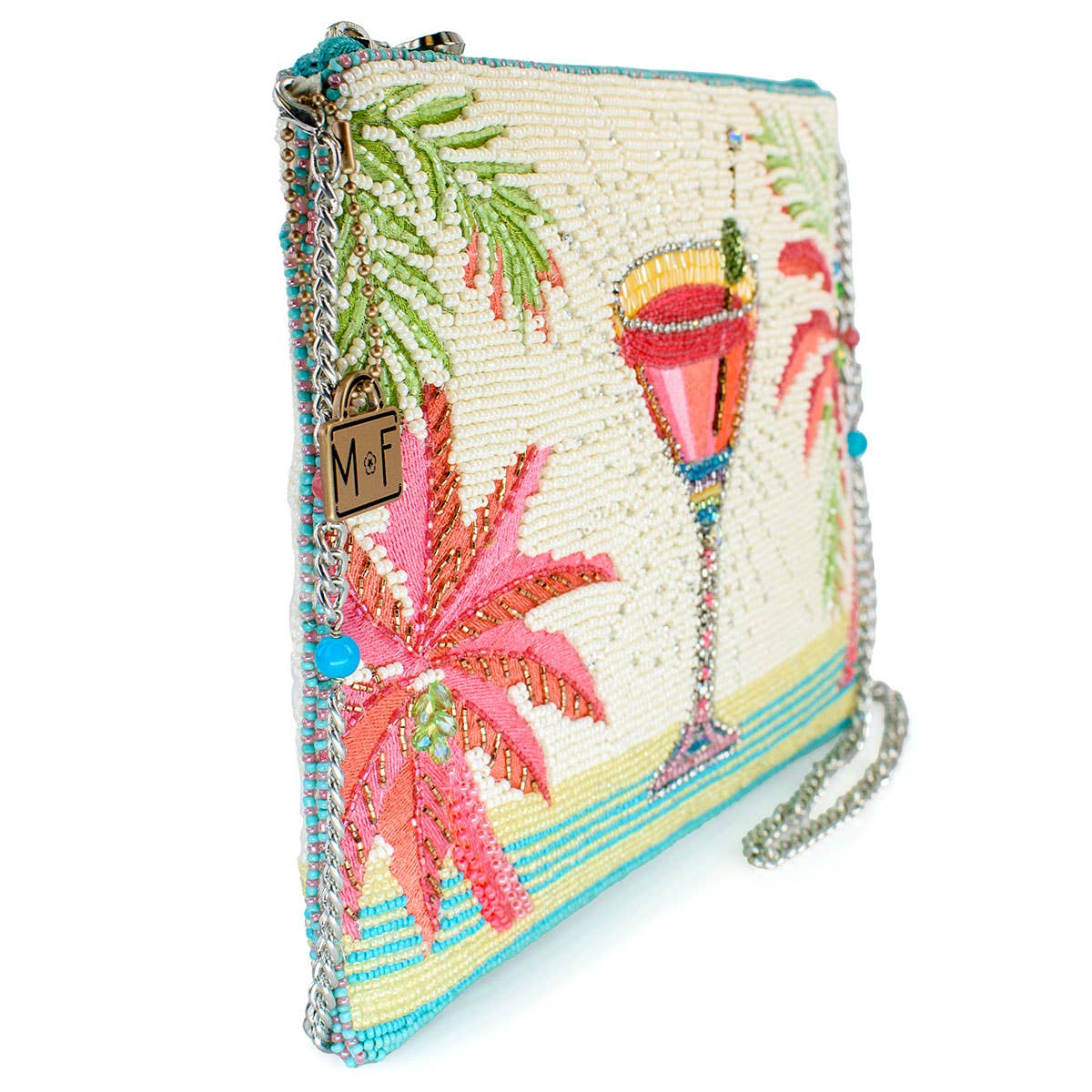 side image beaded cutch with palm trees