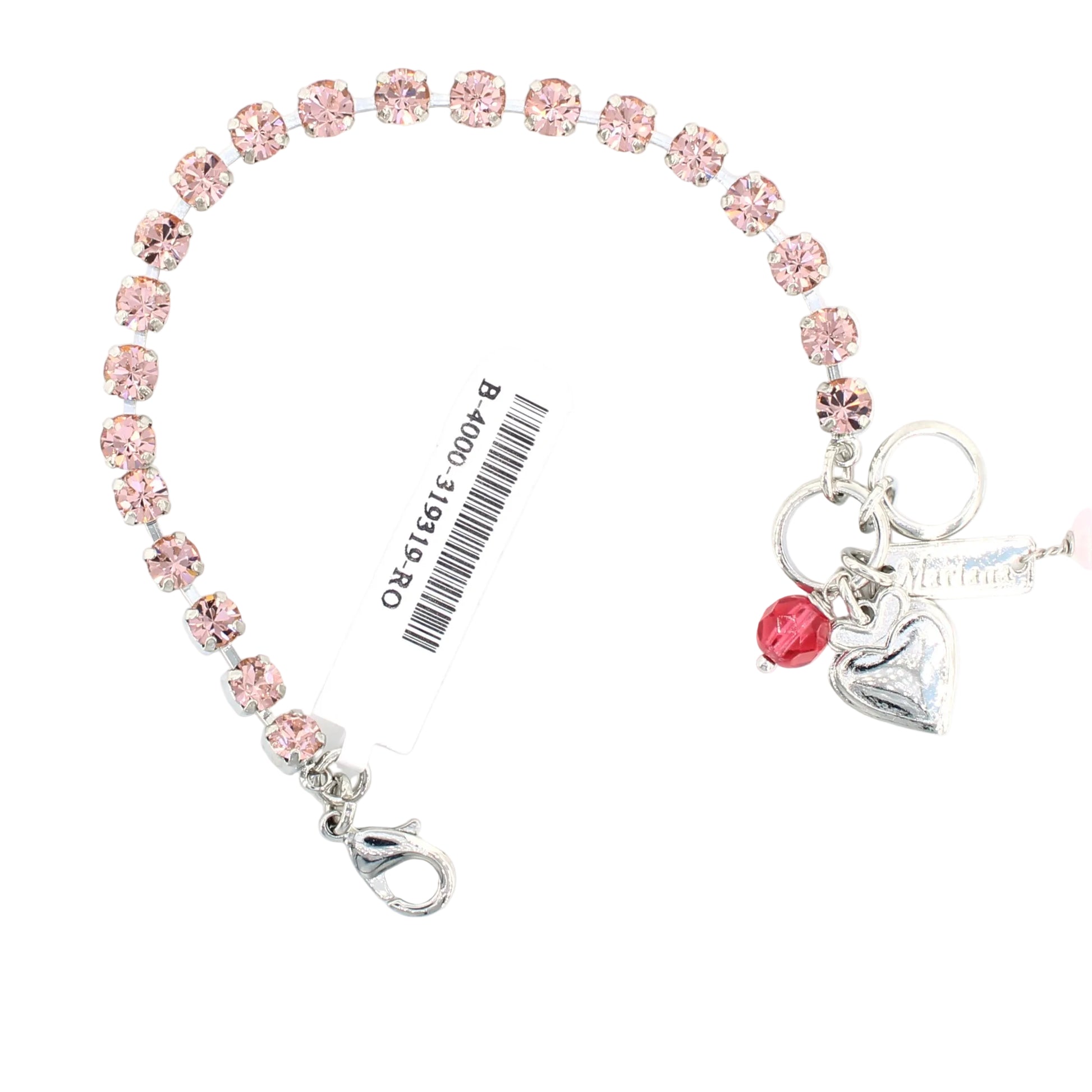 Pink beaded lanyard with charms on a white background