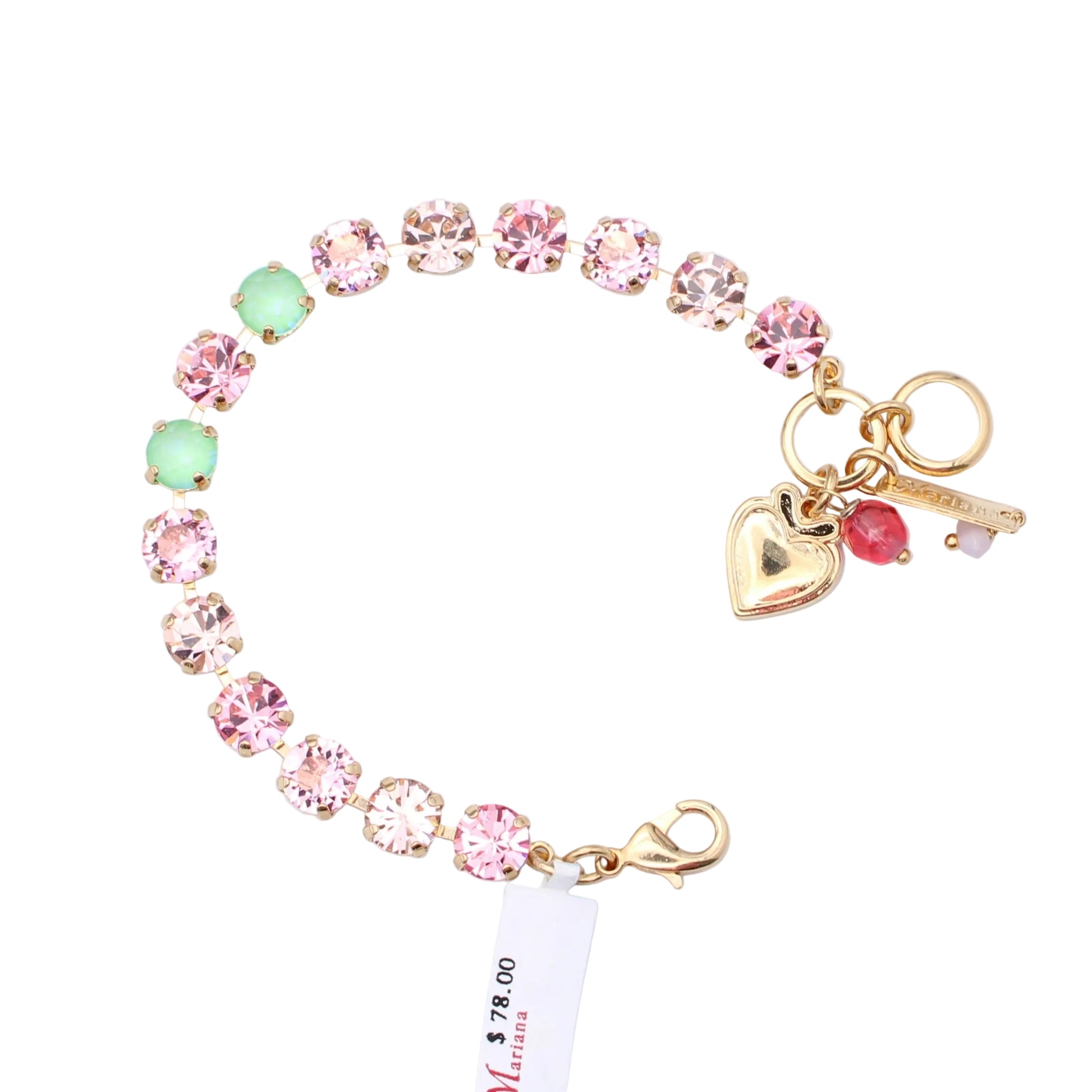Colorful beaded bracelet with a heart charm on a white background
