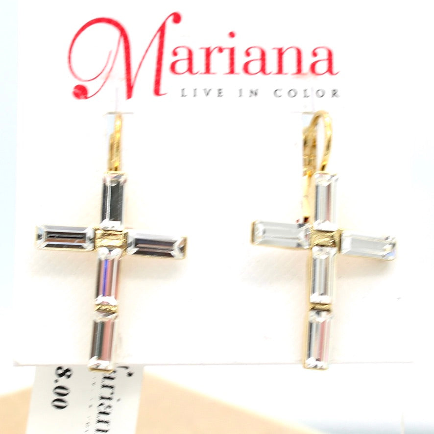 Clear Baguette Cross Earrings in Gold