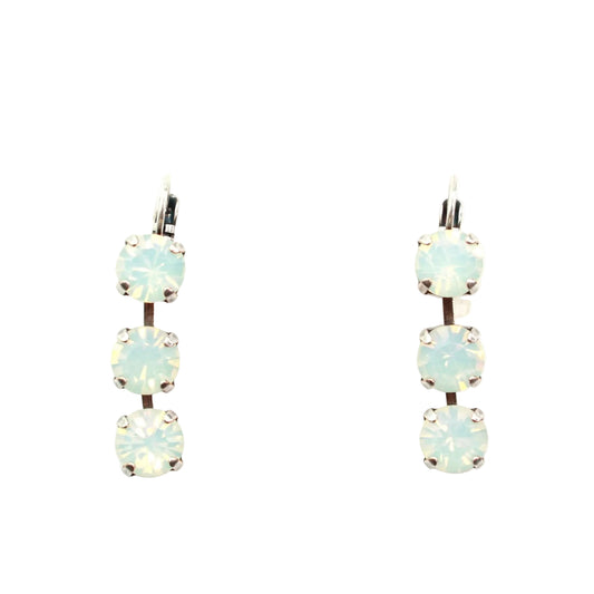 A pair of drop earrings featuring three round iridescent opal gemstones in a vertical arrangement, set in silver-toned metal with leverback closures, shown against a plain white background.