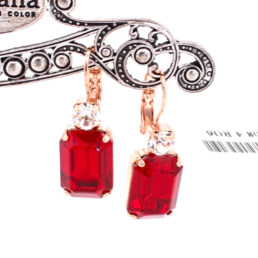 Siam Red Large Emerald and Round Rose Gold Earrings