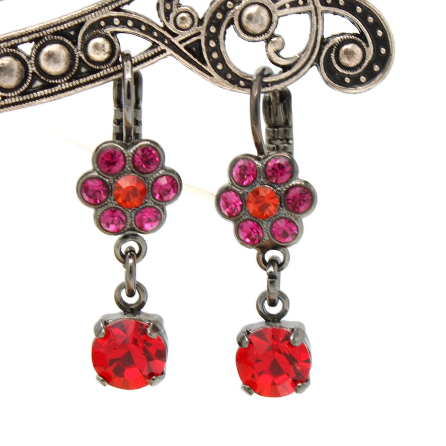 Hibiscus Collection Small Flower Earrings with Crystal Drop in Black Plating