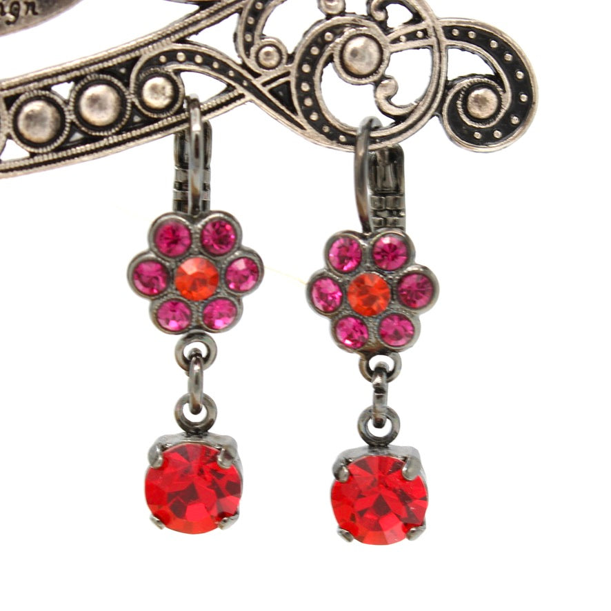 Hibiscus Collection Small Flower Earrings with Crystal Drop in Black Plating