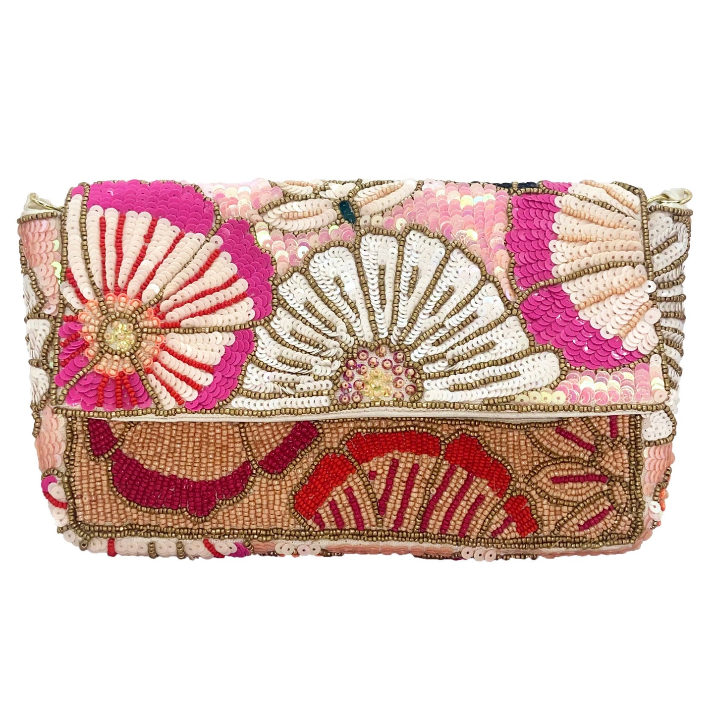 Colorful beaded clutch with floral patterns on a white background
