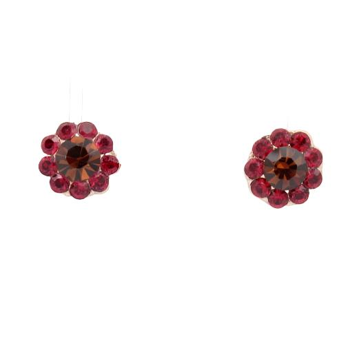Siam Red and Smoked Topaz Post Flower Earrings in Rose Gold