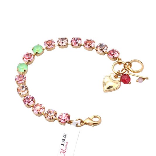 Bracelet with pink and green gemstones and a heart charm on a white background