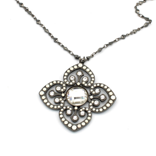 White Opal and Clear Ornate Medallion in Black Plating