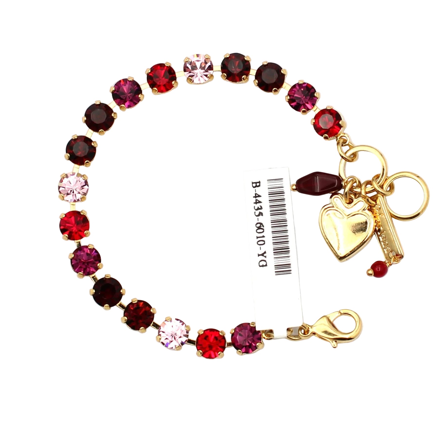 Bracelet with red and pink gemstones and a heart charm on a white background