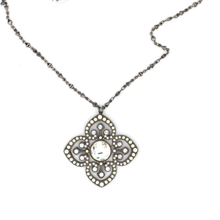White Opal and Clear Ornate Medallion in Black Plating
