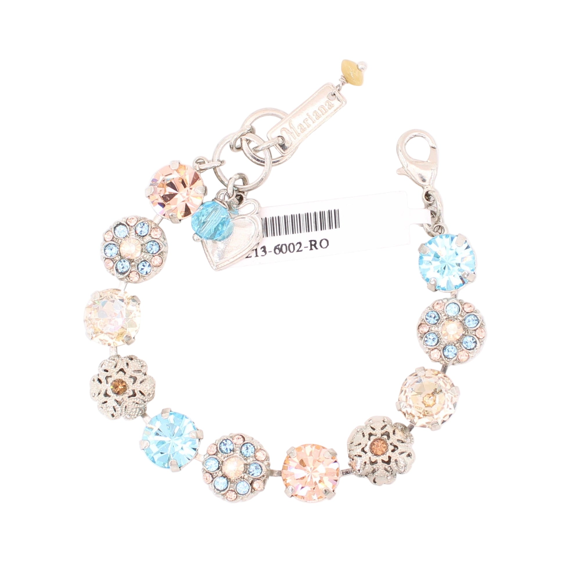 Bracelet with colorful beads and a tag on a white background