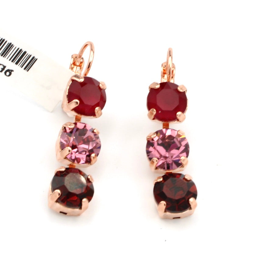 Cranberry Crush Three Stone Leverback Earrings in Rose Gold