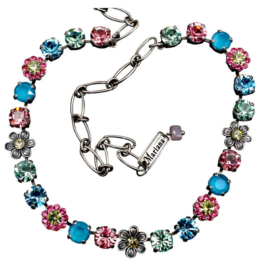 Spring Flowers Ornate Crystal Necklace  in Silver Plating