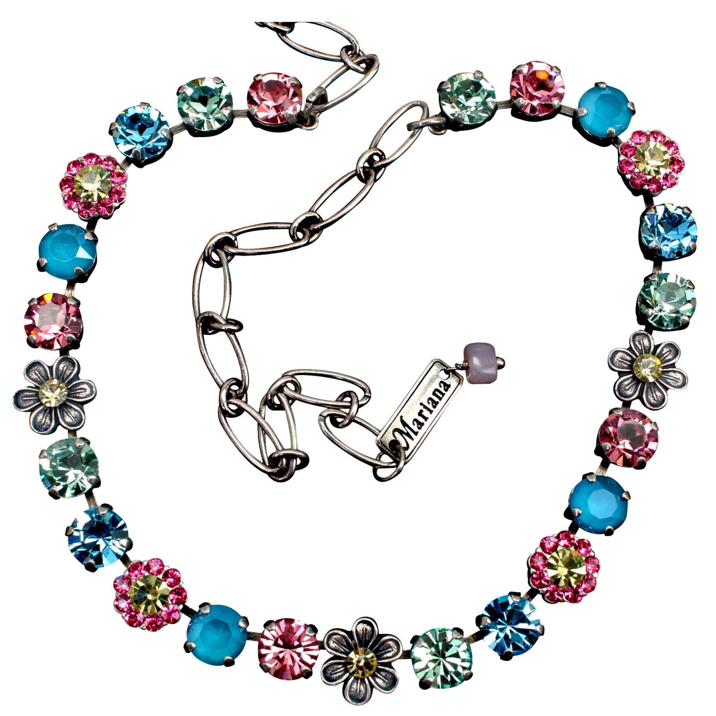 Spring Flowers Ornate Crystal Necklace  in Silver Plating