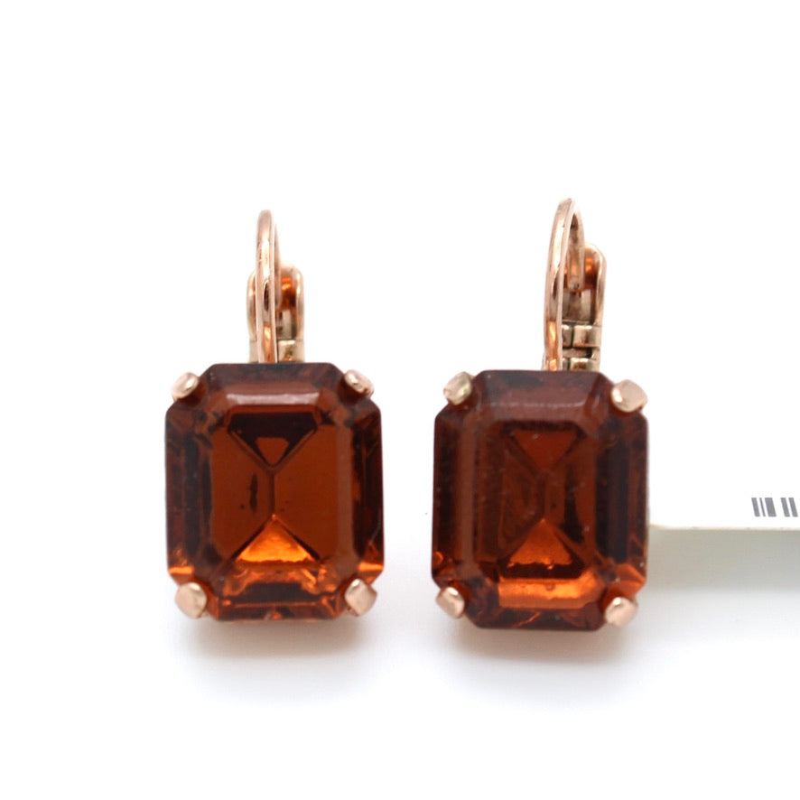 Smoked Topaz Emerald Cut Rectangular Earrings in Rose Gold