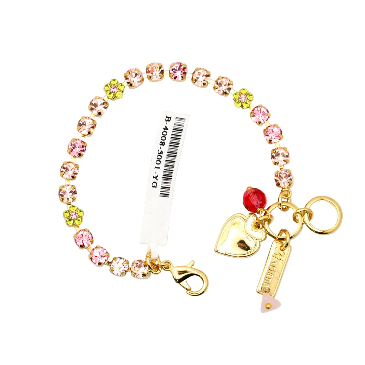 Colorful beaded bracelet with gold charms on a white background