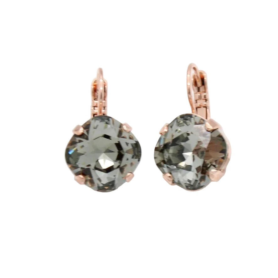 A pair of rose gold leverback earrings with cushion-cut gray-green gemstones, displayed on a clean white background.