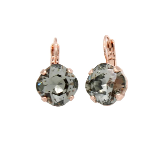 A pair of rose gold leverback earrings with cushion-cut gray-green gemstones, displayed on a clean white background.