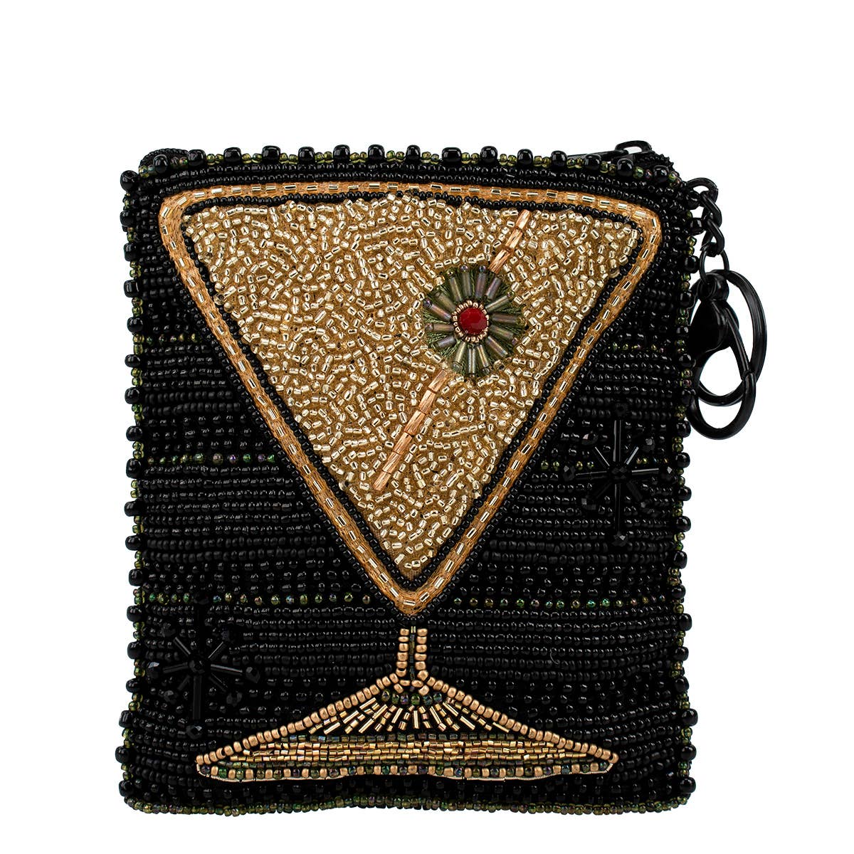 Black beaded purse with a triangular design resembling a cocktail glass on a white background