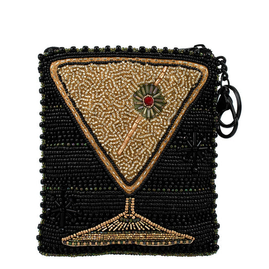 Black beaded purse with a triangular design resembling a cocktail glass on a white background