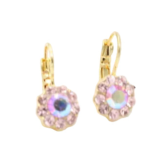 A pair of gold leverback earrings with round iridescent pink and blue rhinestone flower centers, shown on a white background next to a white product tag.