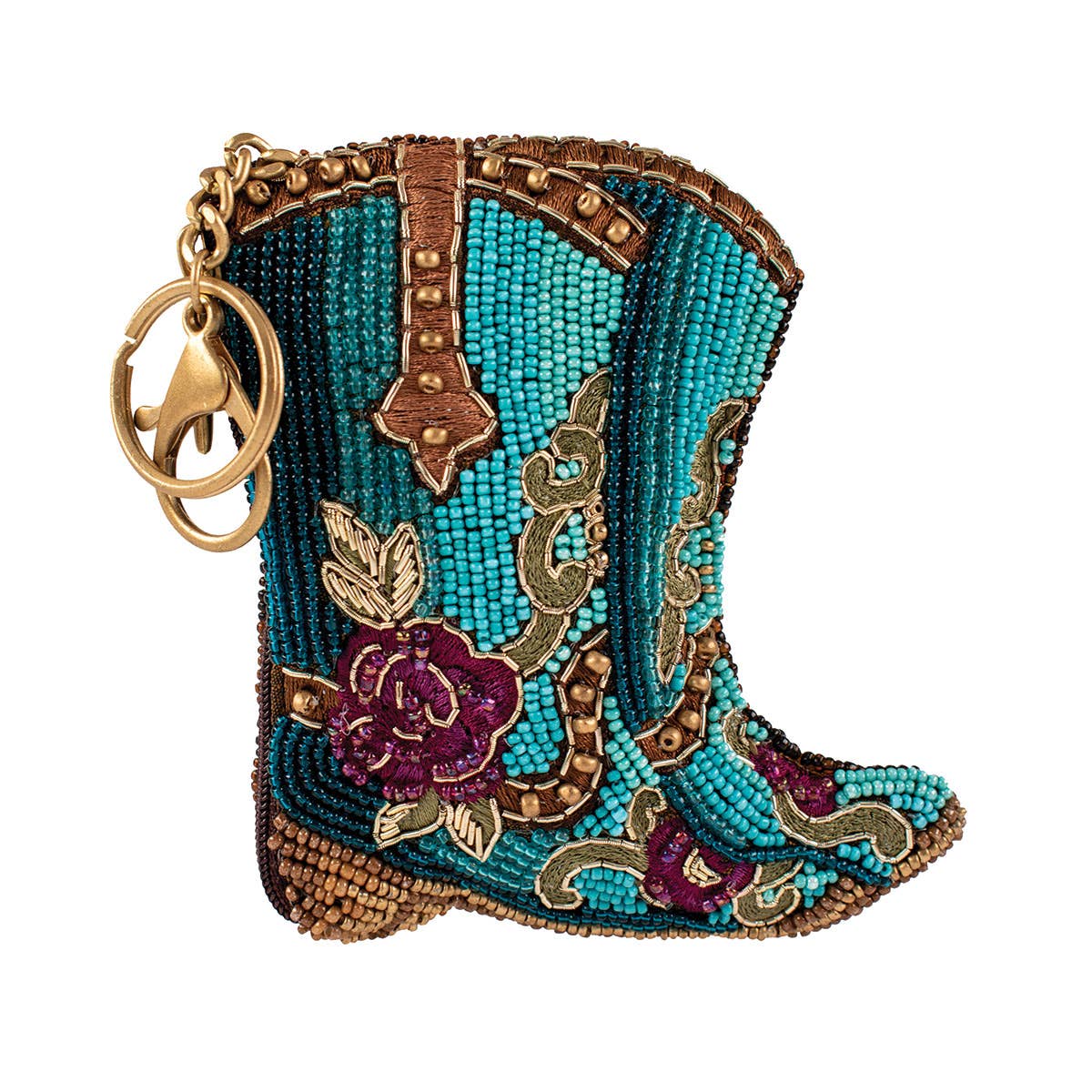 Decorative keychain shaped like a beaded cowboy boot with intricate designs on a white background
